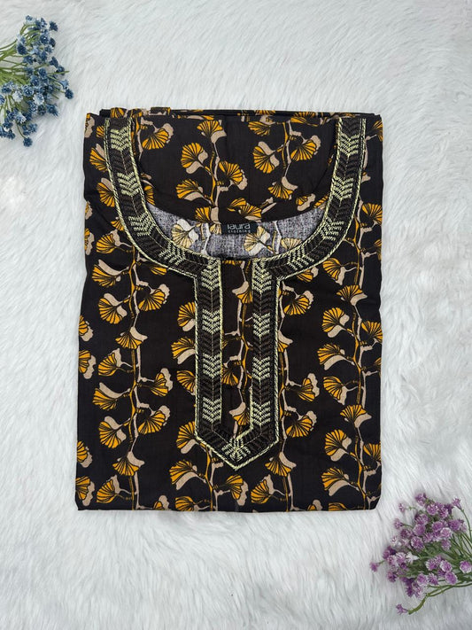 Harvest Gold and Onyx Printed Normal Zip Embroidery Neck Pure Cotton  Nighty Plus Size Short Sleeve (Suits for bra size 40″- 46″ | 54-56 inch length)