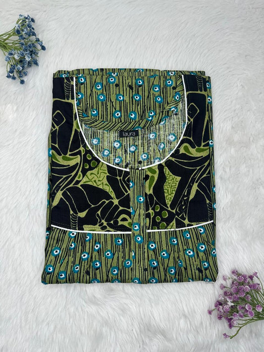 Dark Olive Green Printed Mix N Match Round Neck Pleated Cotton Nighty With Centre -8″ Zip Short Sleeve Free Size (Suits for bra size 34″- 40″ | 54-56 inch length )