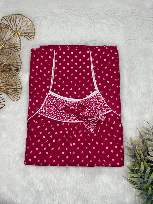 Burgundy Printed Front and Classic Rose Pleated Pure Cotton Nighty Free Size Short Sleeve (Suits for bra size 34″- 40″ | 54-56 inch length)