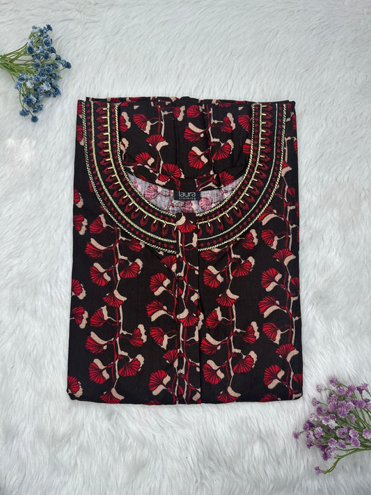 Onyx and Upsdell Red Printed 12" Long Zip Matching Embroidery Neck Pure Cotton Feeding Nighty Plus Size Short Sleeve (Suits for bra size 40″- 46″ | 54"-56" inch length)