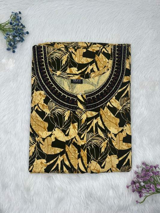 Dark Goldenrod and Onyx Printed 12" Long Zip Matching Embroidery Neck Pure Cotton Feeding Nighty Plus Size Short Sleeve (Suits for bra size 40″- 46″ | 54"-56" inch length)