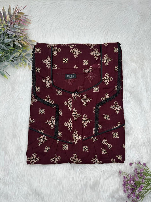 Dark Sienna Printed Square Neck Centre Long 12" Zip Pure Cotton Feeding Nighty Free Size Short Sleeve (Suits for bra size 34″- 40″ | 54-56 inch length)