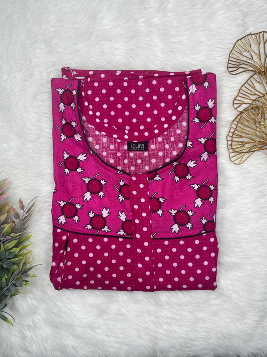 Red violet and Dark Raspberry Printed Round Neck Pleated Pure Cotton Feeding Nighty With Two Side Vertical Zip and Single Centre Zip Free Size Short Sleeve (Suits for bra size 34″- 40″ | 54-56 inch length)