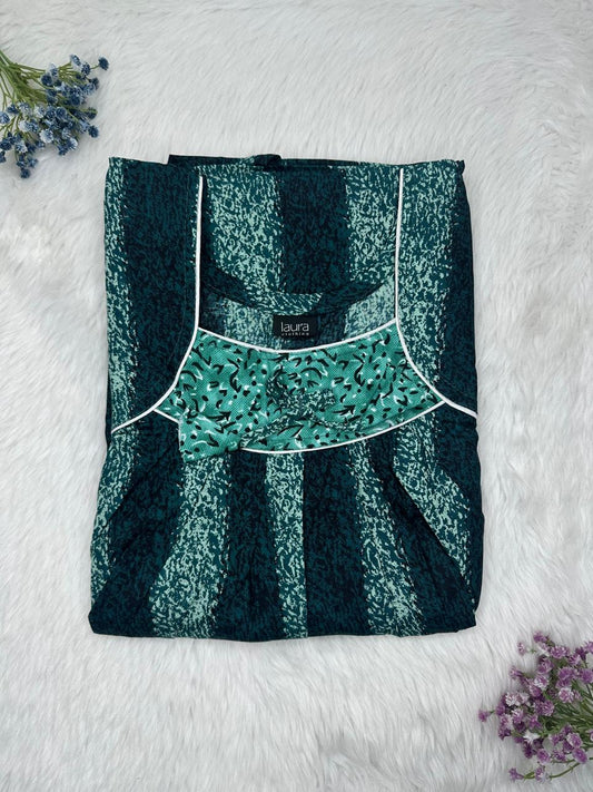 Hooker Green and Onyx Printed Square Neck No Zip Pleated Pure Cotton Nighty Free Size Short Sleeve (Suits for bra size 34″- 40″ | 54-56 inch length)