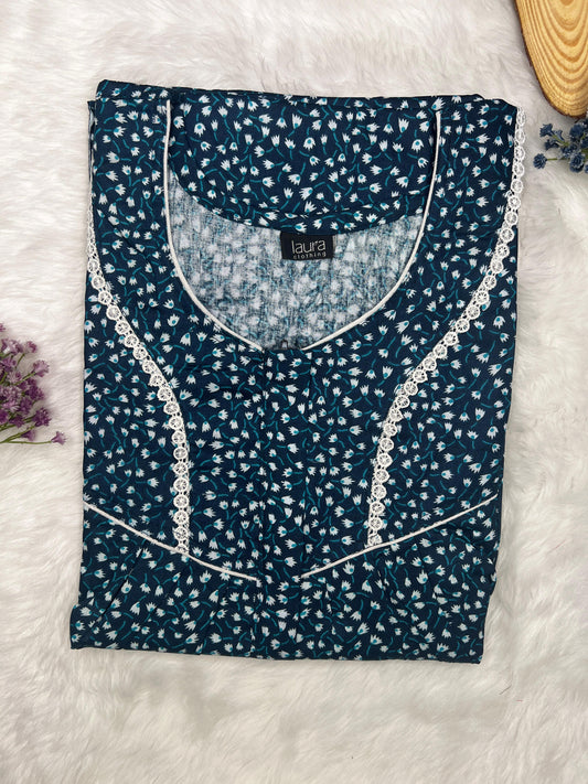 Prussian Blue Printed  Round Neck Centre Long 12" Zip Pure Cotton Feeding Nighty Free Size Short Sleeve (Suits for bra size 34″- 40″ | 54-56 inch length)