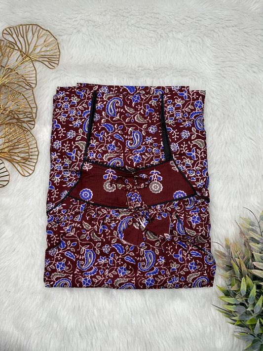 Dark Sienna Printed Front and Rose Ebony Pleated Pure Cotton Nighty Free Size Short Sleeve (Suits for bra size 34″- 40″ | 54-56 inch length)