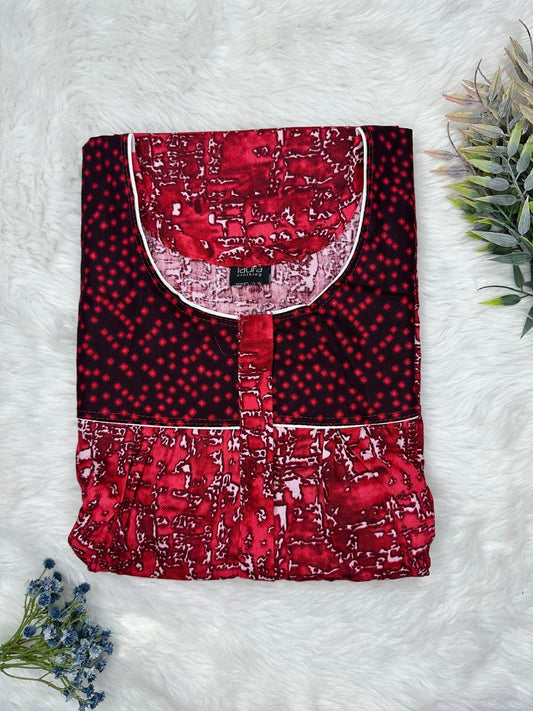 Rich Carmine Printed Mix N Match Round Neck Pleated Cotton Nighty With Centre -8″ Zip Short Sleeve Free Size (Suits for bra size 34″- 40″ | 54-56 inch length )