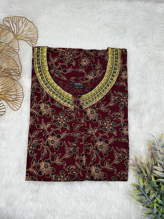 Dark Scarlet Printed 12" Long Zip Pure Cotton Matching Neck Embroidery Feeding Nighty Free Size Short Sleeve (Suits for bra size 34″- 40″ | 54-56 inch length)