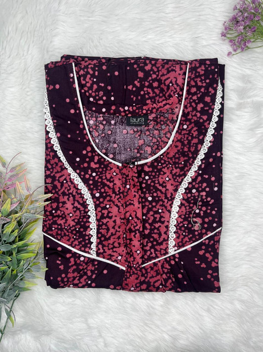 Dark Sienna Printed Round Neck Centre Long 12" Zip Pure Cotton Feeding Nighty Free Size Short Sleeve (Suits for bra size 34″- 40″ | 54-56 inch length)