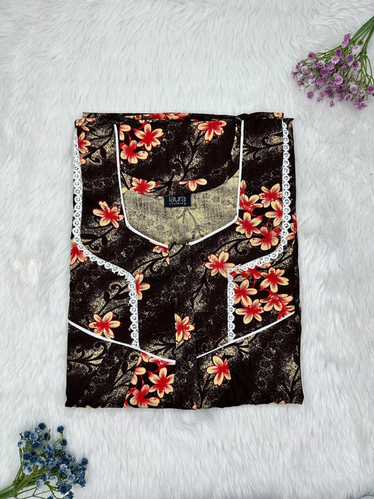 Seal Brown Printed Square Neck Centre Long 12" Zip Pure Cotton Feeding Nighty Free Size Short Sleeve (Suits for bra size 34″- 40″ | 54-56 inch length)