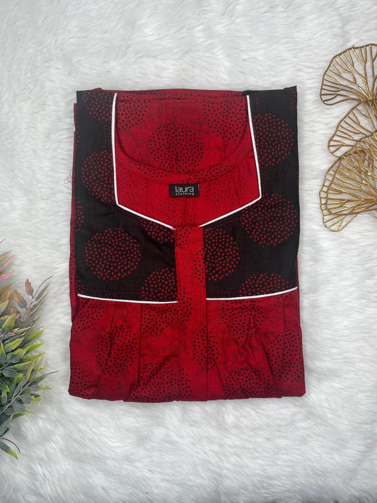 Dark Candy Apple Red and Onyx Printed Mix N Match Square Neck Pleated Cotton Nighty With Centre -8″ Zip Short Sleeve Free Size (Suits for bra size 34″- 40″ | 54-56 inch length)