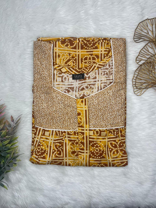 Pastel Brown and Copper Printed Mix N Match Square Neck Pleated Cotton Nighty With Centre -8″ Zip Short Sleeve Free Size (Suits for bra size 34″- 40″ | 54-56 inch length)