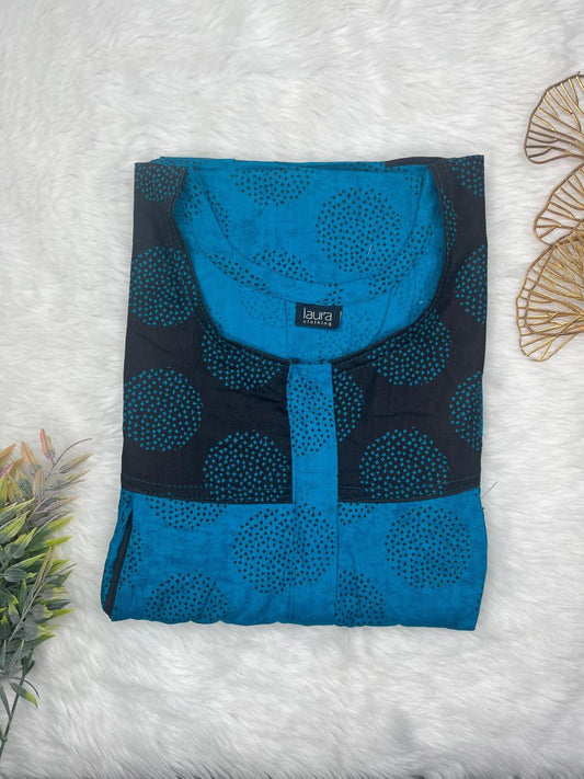 Medium Persian Blue and Onyx Printed Round Neck Pleated Pure Cotton Feeding Nighty With Two Side Vertical Zip and Single Centre Zip Free Size Short Sleeve (Suits for bra size 34″- 40″ | 54-56 inch length)