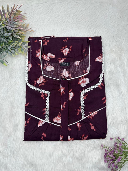 Dark Sienna Printed Square Neck Centre Long 12" Zip Pure Cotton Feeding Nighty Free Size Short Sleeve (Suits for bra size 34″- 40″ | 54-56 inch length)