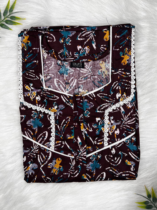 Smoky Black Floral Printed Mix and Match Square Neck Centre Long 12" Zip Pure Cotton Feeding Nighty Free Size Short Sleeve (Suits for bra size 34″- 40″ | 54-56 inch length)