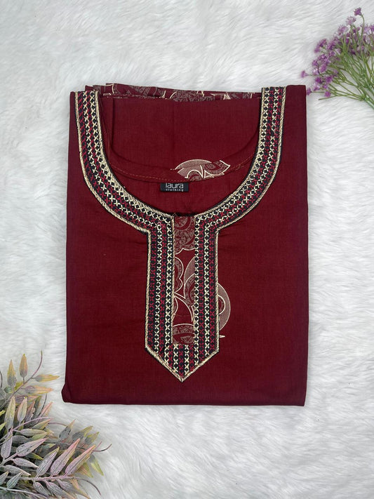 Dark Scarlet Printed Normal Zip Embroidery Neck Pure Cotton Maternity Nighty Plus Size Short Sleeve (Suits for bra size 40″- 46″ | 54-56 inch length)