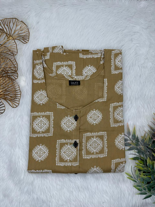 Pastel Brown and Trolley Grey Printed Square Neck Pure Cotton Full Open Button Labour Room Nighty Free Size Short Sleeve (Suits for bra size 34″- 40″ | 54-56 inch length)