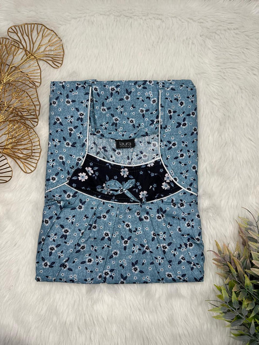 Payne Grey Floral Printed Square Neck No Zip Pleated Pure Cotton Nighty Free Size Short Sleeve (Suits for bra size 34″- 40″ | 54-56 inch length)