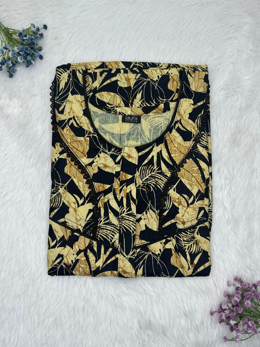Golden Brown and Onyx Printed Round Neck Centre Long 12" Zip Pure Cotton Feeding Nighty Free Size Short Sleeve (Suits for bra size 34″- 40″ | 54-56 inch length)