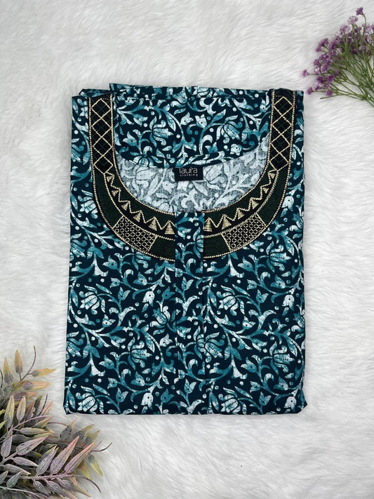 Moonstone Blue Printed 8" Long Zip Matching Embroidery Neck Pure Cotton Feeding Nighty Plus Size Short Sleeve (Suits for bra size 40″- 46″ | 54"-56" inch length)