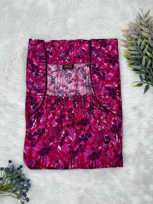 Red Violet Printed Pure Cotton Square Neck Elastic Pleated Nighty Free Size Short Sleeve (Suits for bra size 34″- 40″ | 54-56 inch length)
