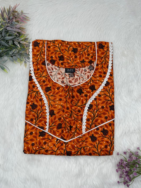 Burnt Orange Printed Round Neck Normal Zip Pure Cotton Nighty Free Size Short Sleeve (Suits for bra size 34″- 40″ | 54-56 inch length)