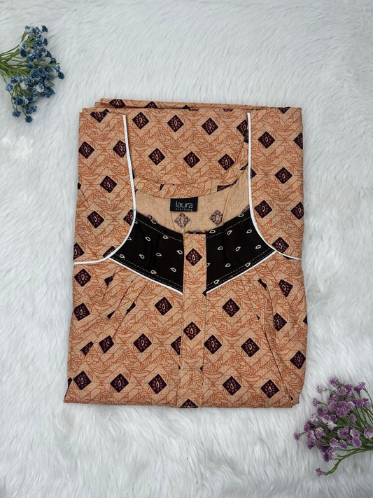Light Taupe Printed Square Neck Pleated Zip Pure Cotton Nighty Free Size Short Sleeve (Suits for bra size 34″- 40″ | 54-56 inch length)