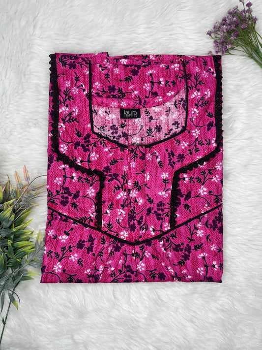Vivid Cerise Printed Square Neck Normal Zip Pure Cotton Nighty Free Size Short Sleeve (Suits for bra size 34″- 40″ | 54-56 inch length)