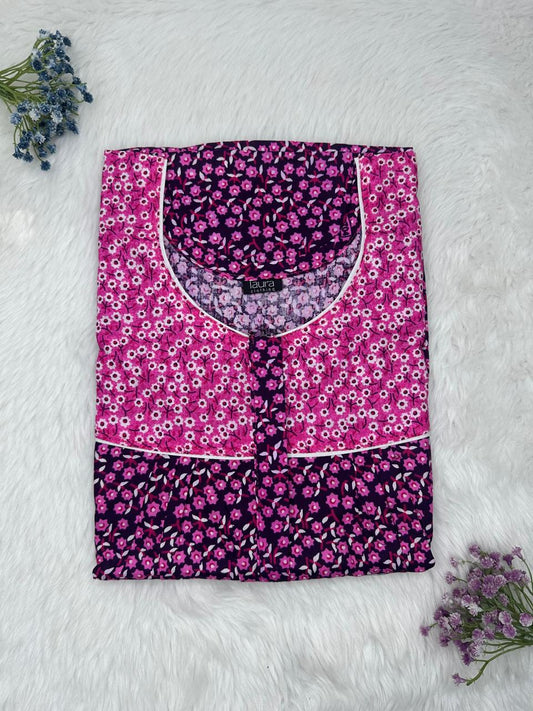 Mulberry Printed Mix N Match Round Neck Pleated Cotton Nighty With Centre -8″ Zip Short Sleeve Free Size (Suits for bra size 34″- 40″ | 54-56 inch length )