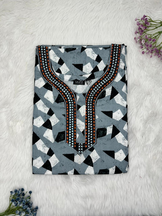 Light Gray Normal Zip Embroidery Neck Pure Cotton Nighty Plus Size Short Sleeve (Suits for bra size 40″- 46″ | 54-56 inch length)