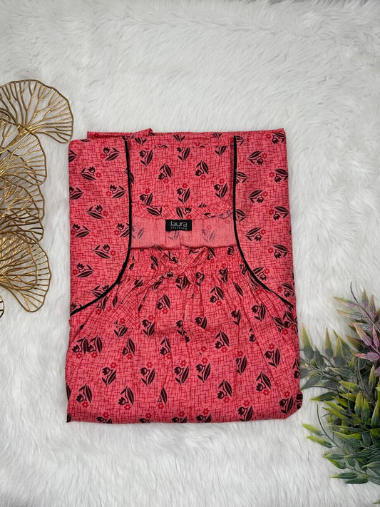 Candy Pink Printed Pure Cotton Square Neck Elastic Pleated Nighty Free Size Short Sleeve (Suits for bra size 34″- 40″ | 54-56 inch length)
