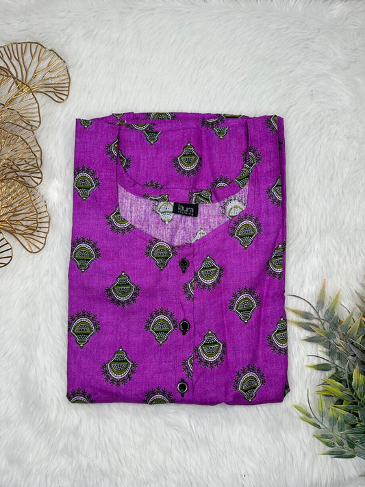Dark Magenta Printed Square Neck Pure Cotton Full Open Button Labour Room Nighty Free Size Short Sleeve (Suits for bra size 34″- 40″ | 54-56 inch length)
