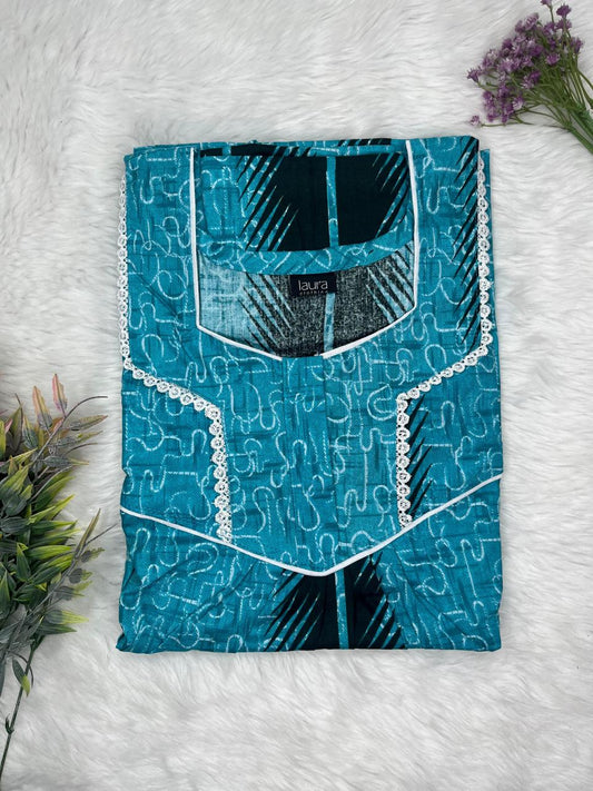 Teal Blue Printed Square Neck Normal Zip Pure Cotton Nighty Free Size Short Sleeve (Suits for bra size 34″- 40″ | 54-56 inch length)