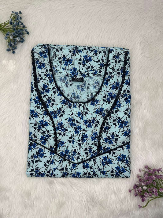 Powder Blue Printed Round Neck Normal Zip Pure Cotton Nighty Free Size Short Sleeve (Suits for bra size 34″- 40″ | 54-56 inch length)