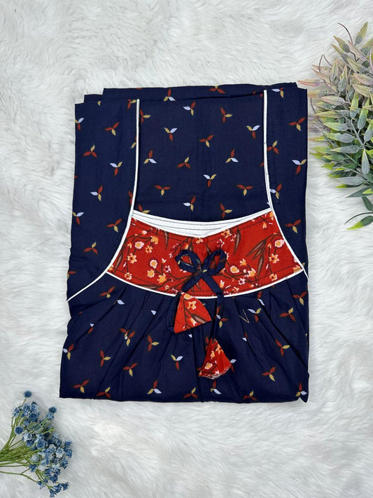 Oxford Blue Printed Front and Claret Pleated Pure Cotton Nighty Free Size Short Sleeve (Suits for bra size 34″- 40″ | 54-56 inch length)