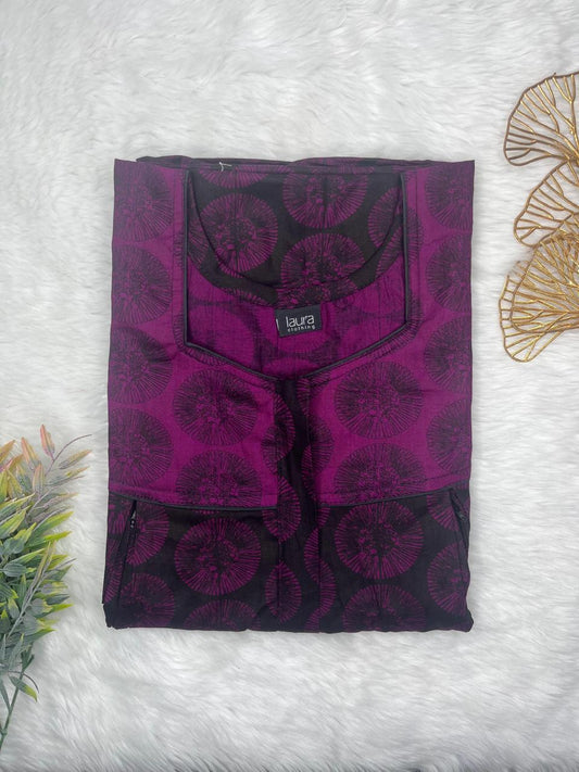 Palatinate Purple and Onyx Printed Square Neck Pleated Pure Cotton Feeding Nighty With Two Side Vertical Zip and Single Centre Zip Free Size Short Sleeve (Suits for bra size 34″- 40″ | 54-56 inch length)