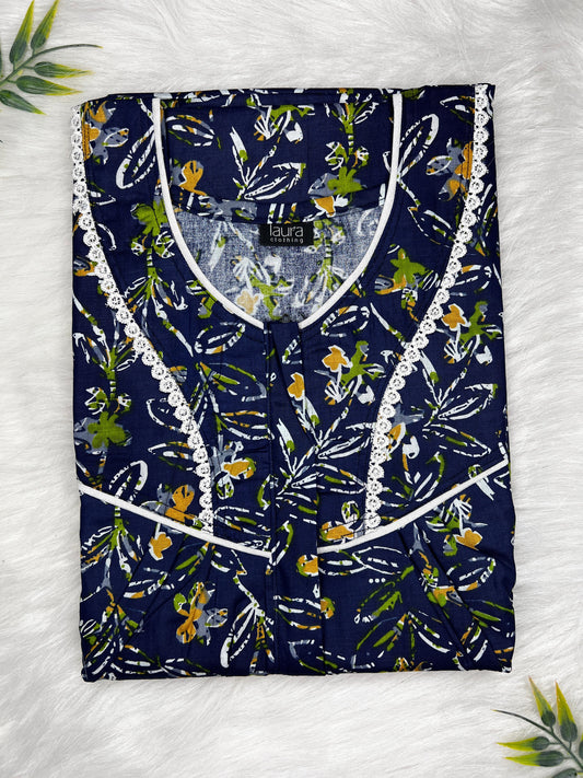 Oxford Blue Floral Printed  Round Neck Centre Long 12" Zip Pure Cotton Feeding Nighty Free Size Short Sleeve (Suits for bra size 34″- 40″ | 54-56 inch length)