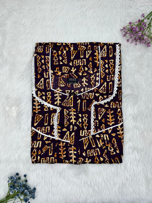 Seal Brown and Gold Printed Square Neck Centre Long 12" Zip Pure Cotton Feeding Nighty Free Size Short Sleeve (Suits for bra size 34″- 40″ | 54-56 inch length)