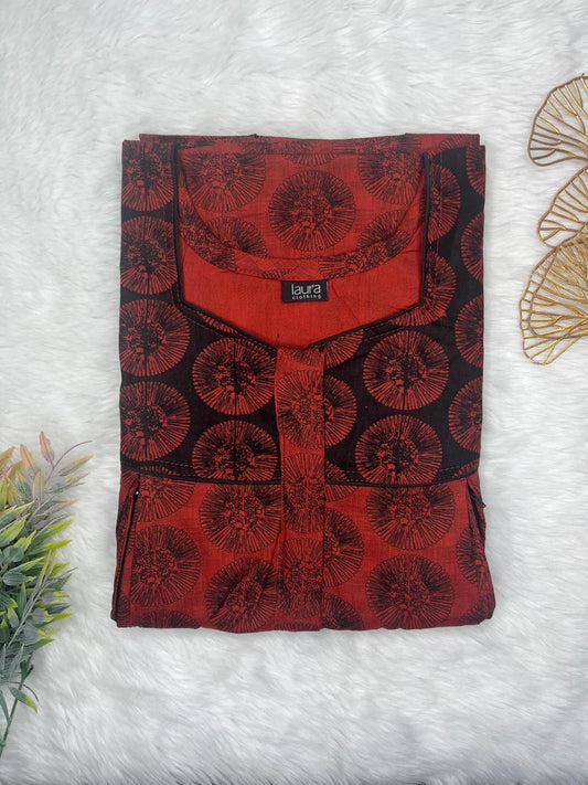 Cornell Red and Onyx Printed Square Neck Pleated Pure Cotton Feeding Nighty With Two Side Vertical Zip and Single Centre Zip Free Size Short Sleeve (Suits for bra size 34″- 40″ | 54-56 inch length)