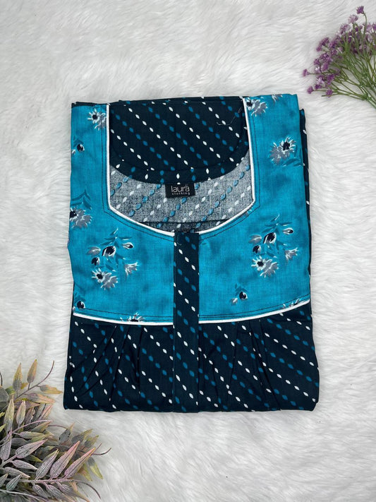 Blue Green and Oxford Blue Printed Mix N Match Square Neck Pleated Cotton Nighty With Centre -8″ Zip Short Sleeve Free Size (Suits for bra size 34″- 40″ | 54-56 inch length)
