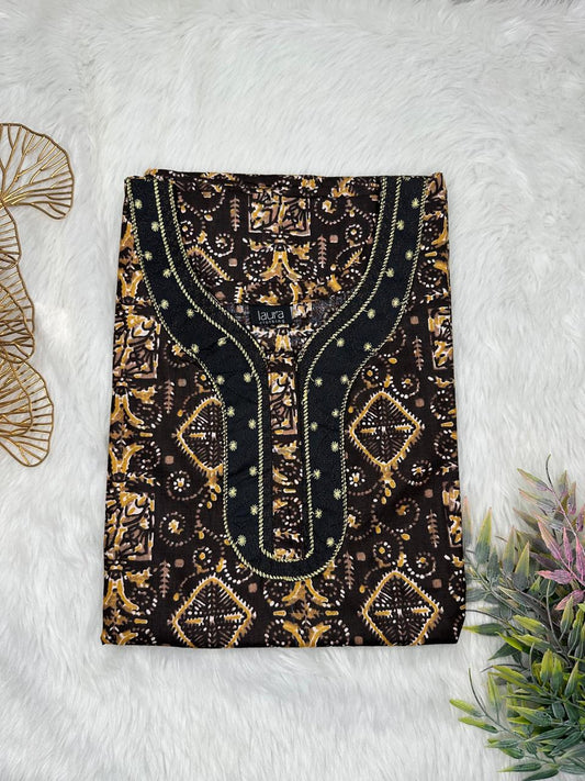 Dark Goldenrod Kalamkari Printed Normal Zip Embroidery Neck Pure Cotton Maternity Nighty Plus Size Short Sleeve (Suits for bra size 40″- 46″ | 54-56 inch length)