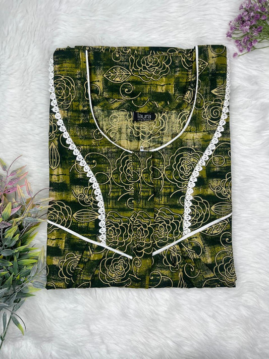 Army Green Printed Round Neck Centre Long 12" Zip Pure Cotton Feeding Nighty Free Size Short Sleeve (Suits for bra size 34″- 40″ | 54-56 inch length)