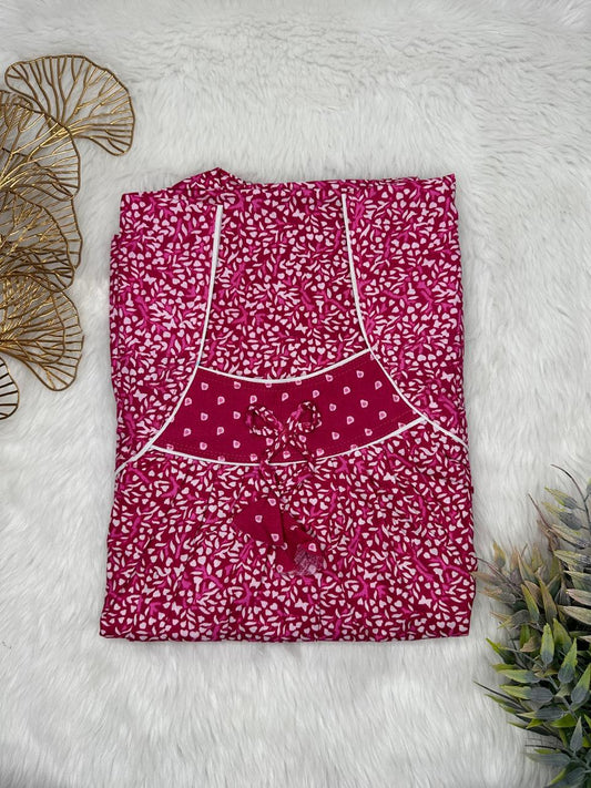 Silver Printed Front and Burgundy Pleated Pure Cotton Nighty Free Size Short Sleeve (Suits for bra size 34″- 40″ | 54-56 inch length)