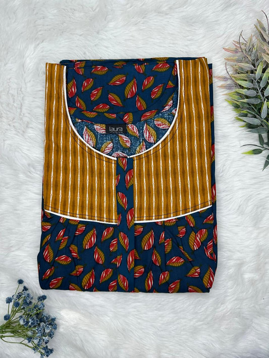 Prussian Blue Printed Mix N Match Round Neck Pleated Cotton Nighty With Centre -8″ Zip Short Sleeve Free Size (Suits for bra size 34″- 40″ | 54-56 inch length )