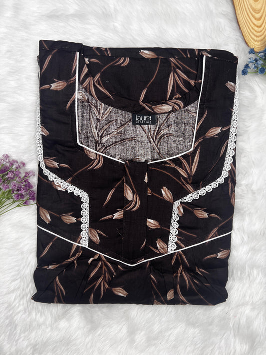 Dark Brown Floral Printed Square Neck Normal Zip Pure Cotton Nighty Free Size Short Sleeve (Suits for bra size 34″- 40″ | 54-56 inch length)