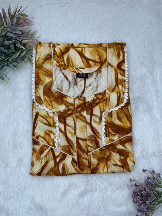 Field Drab and Sepia Printed Square Neck Centre Long 12" Zip Pure Cotton Feeding Nighty Free Size Short Sleeve (Suits for bra size 34″- 40″ | 54-56 inch length)