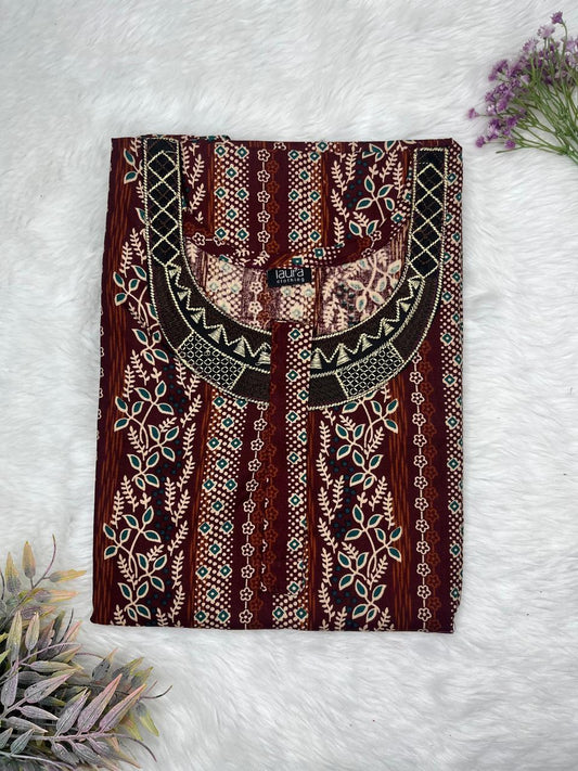 Dark Sienna Printed Normal Zip Pure Cotton Matching Neck Embroidery Nighty Free Size Short Sleeve (Suits for bra size 34″- 40″ | 54-56 inch length)