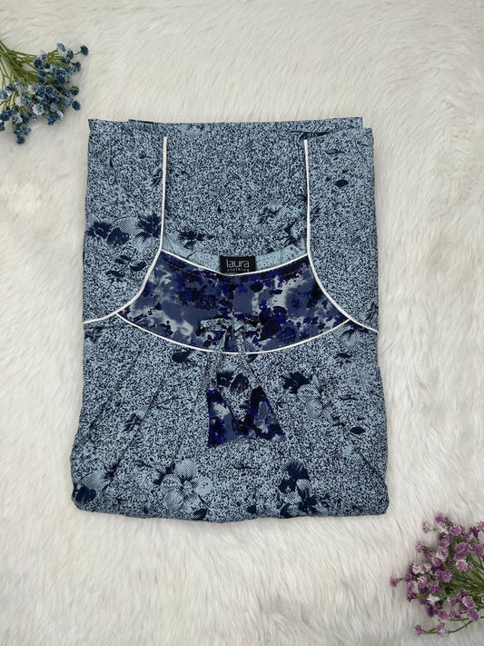 Payne Grey and Charcoal Printed Square Neck No Zip Pleated Pure Cotton Nighty Free Size Short Sleeve (Suits for bra size 34″- 40″ | 54-56 inch length)