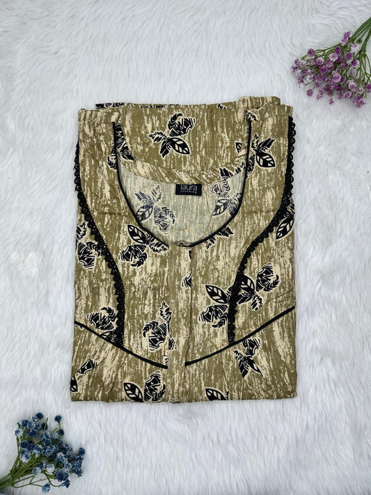Dark Tan Green Printed Round Neck Centre Long 12" Zip Pure Cotton Feeding Nighty Free Size Short Sleeve (Suits for bra size 34″- 40″ | 54-56 inch length)