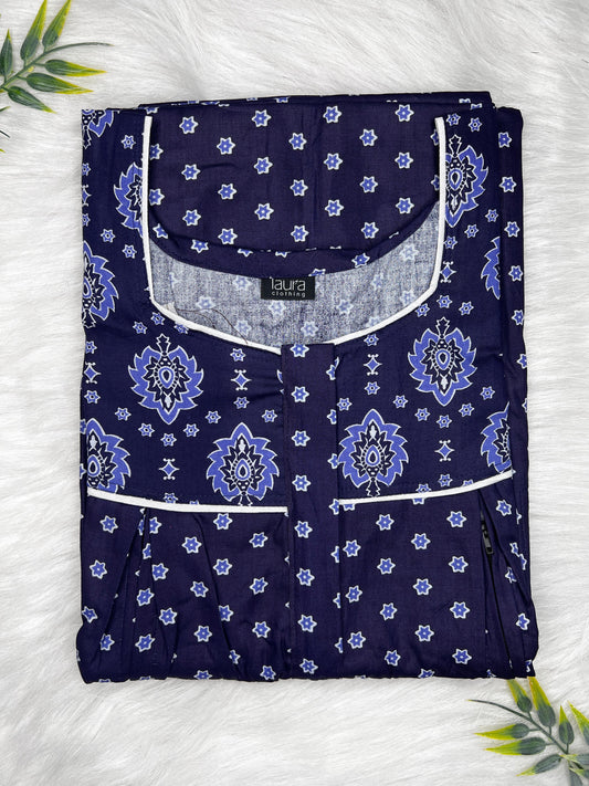 Han Blue Floral Printed Square Neck Pleated Pure Cotton Feeding Nighty With Two Side Vertical Zip and Single Centre Zip Free Size Short Sleeve (Suits for bra size 34″- 40″ | 54-56 inch length)